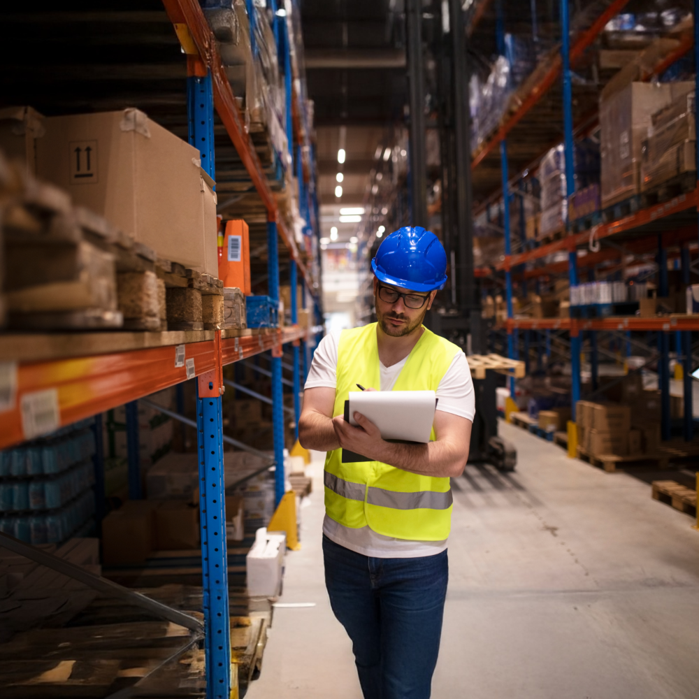 Warehouse worker in a blue hard hat and safety vest inspecting inventory and taking notes on a clipboard among shelves of boxed goods."